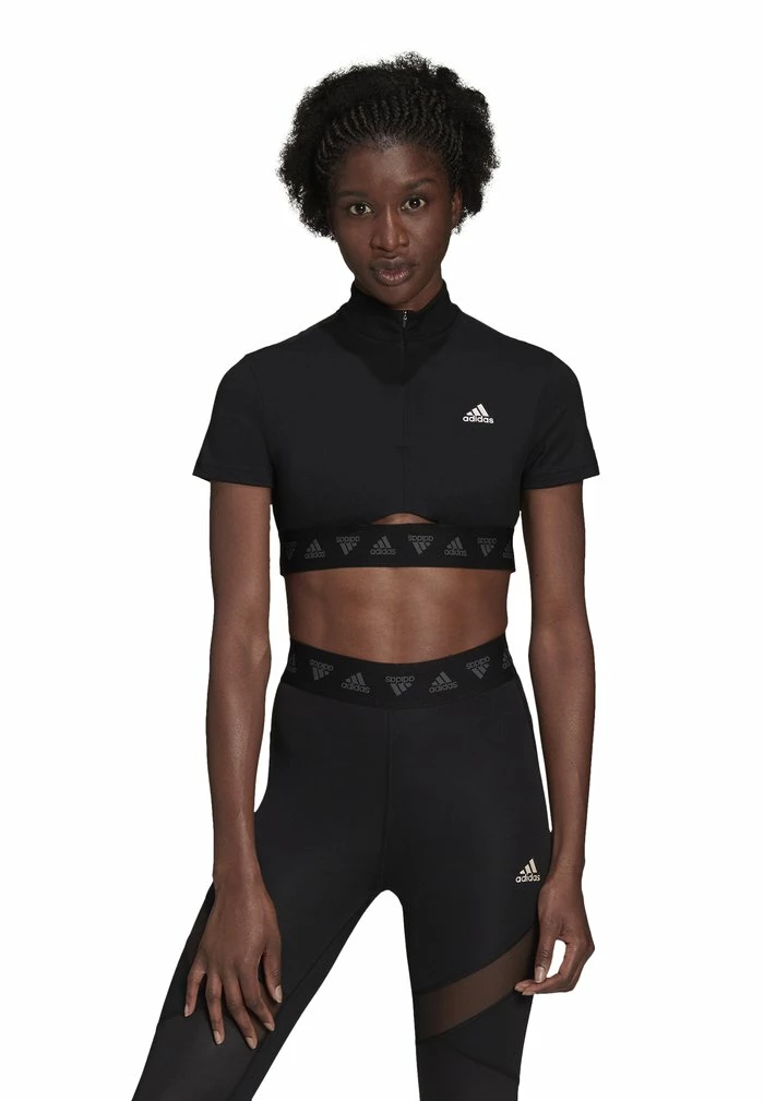 Adidas Performance CROP ZIP TEE - Print T-shirt - Black 3 Adidas Performance CROP ZIP TEE - Print T-shirt - Black