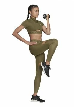 Adidas Performance CROP ZIP TEE - Print T-shirt - Focus Olive -adidas Performance Shop 63a1da2563704b018834bda4628bcb7a